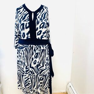 Anna Maxwell Dress 18W  Stretch Knit Blue White Print  Midi Belted Career Casual